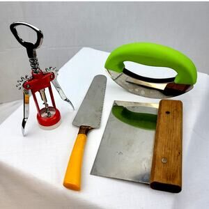 VNTG Bakelite Handle Cake Knife Dough Cutter Dbl Sharp Veggie Chopper Cork Screw